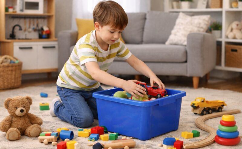 Dete uzrasta oko osam godina samostalno skuplja igračke i odlaže ih u kutiju posle igre
