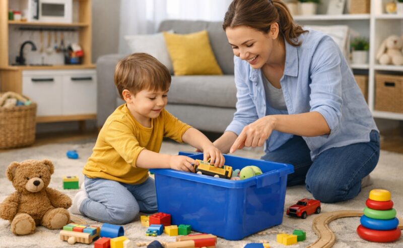 Majka pokazuje detetu kako da skloni igračke u kutiju nakon igre u dnevnoj sobi