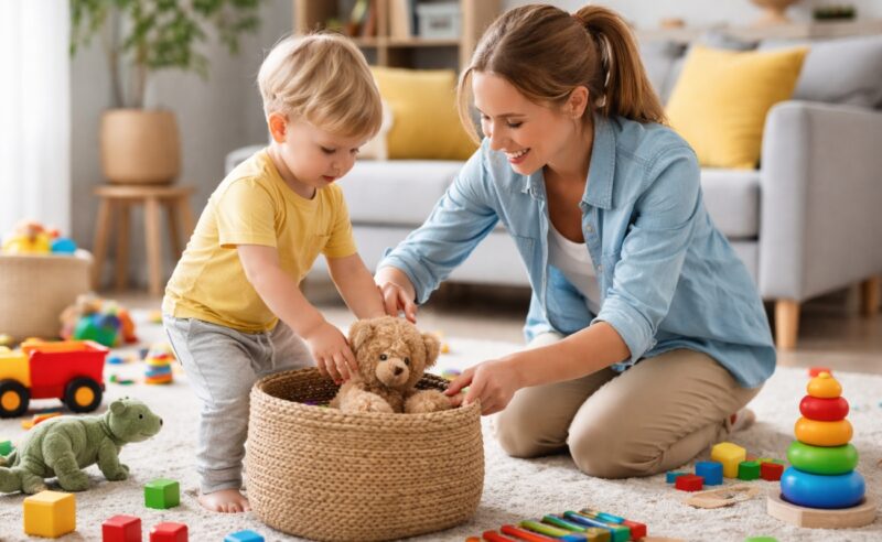 Roditelj pokazuje detetu od dve godine kako da skloni igračke u korpu posle igre u dnevnoj sobi