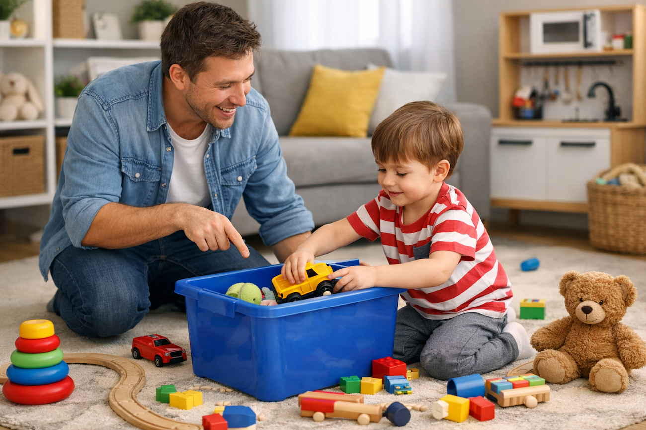 Skupljanje igračaka kao igra gde roditelj pokazuje detetu kroz igru kako brzo i lako da skupi igračke